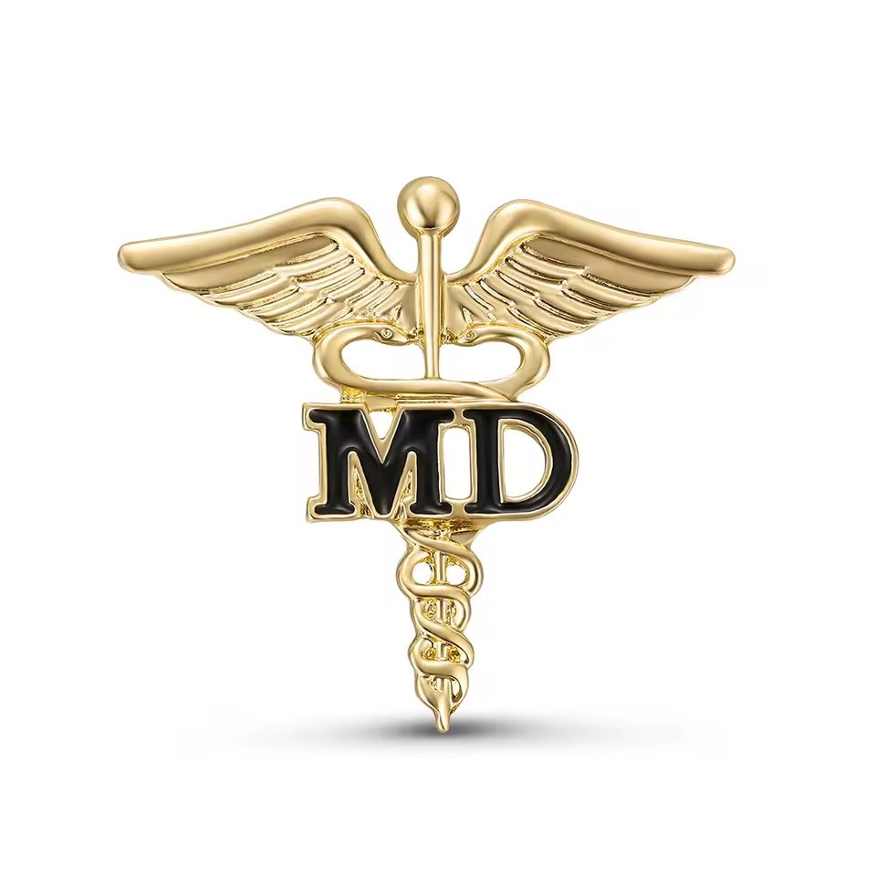 Значок медику Кадуцей з крилами MD золотистий