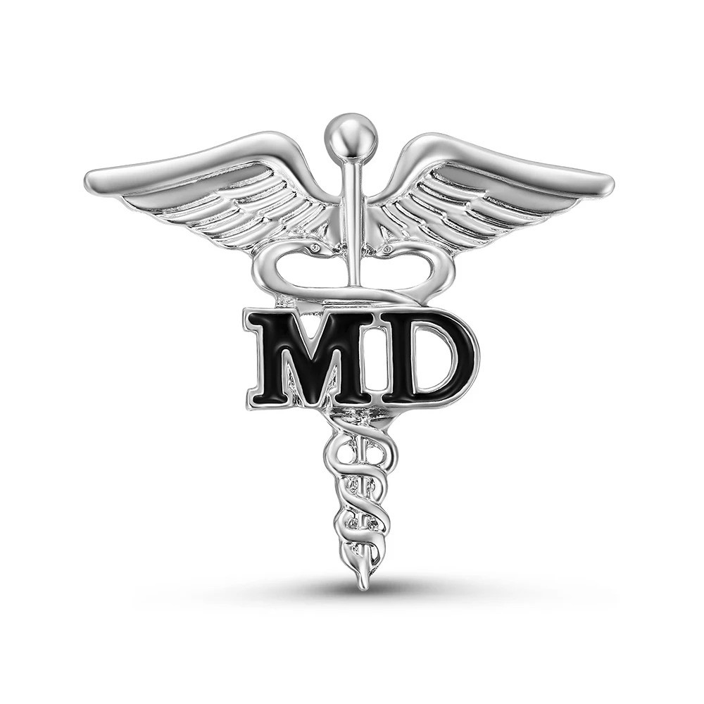 Значок медику Кадуцей з крилами MD сріблястий