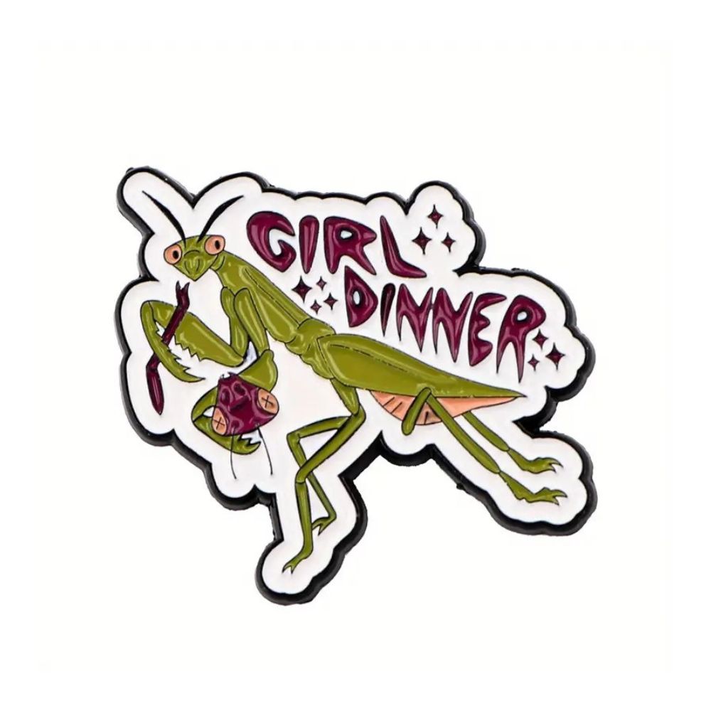 Пин Богомол с надписью Girl Dinner зелёный